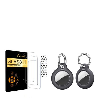 Ailun iPhone 14 Pro[6.1 inch] 3 Pack Screen Protector+ 3 Pack Camera Lens Protector and [2Pack] Hard PC Cover for AirTag,Shockproof Cover Loop with Keychain Ring Holder Skin Protector