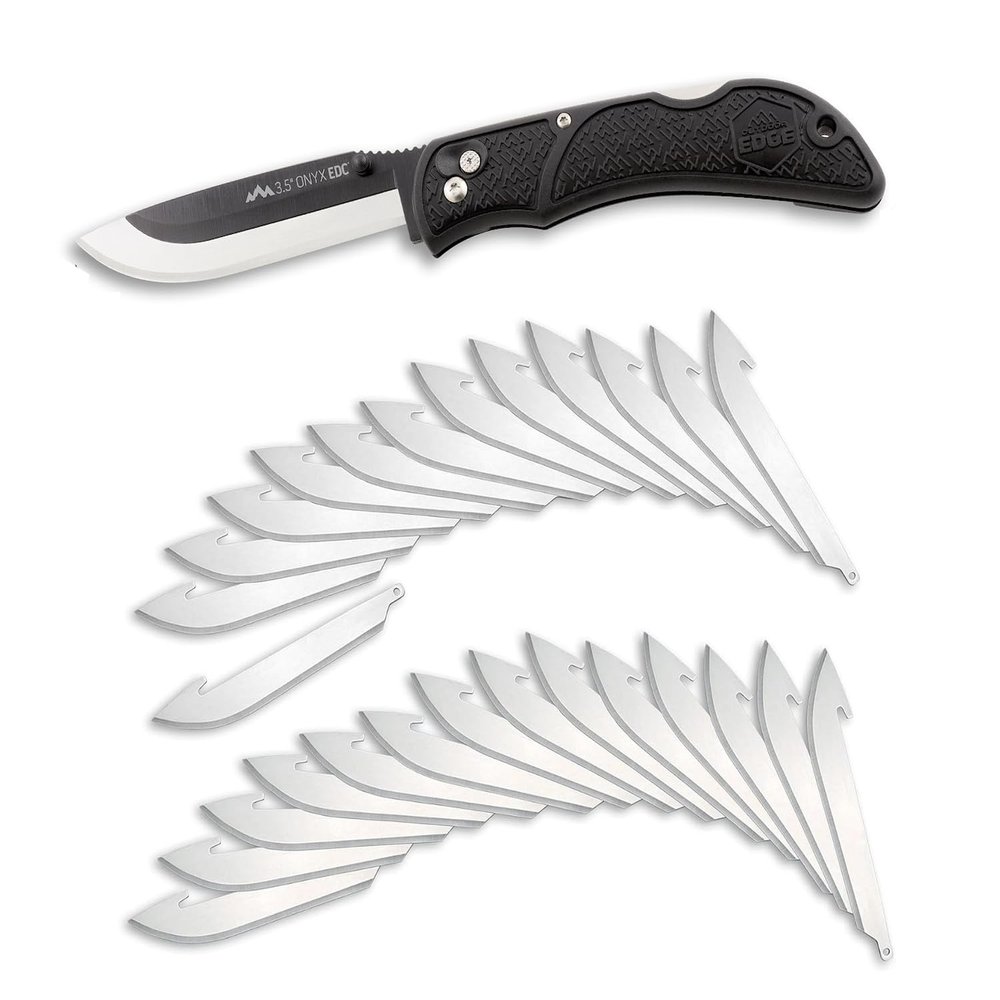 OUTDOOR EDGE Onyx EDC 3.5" Folding Pocket Knife Replaceable Blade System with 27 Razor-Sharp Blades, Pocket Clip & Lockback Safety - Everyday Carry Knife for Outdoorsmen, Hunters & DIY Tasks
