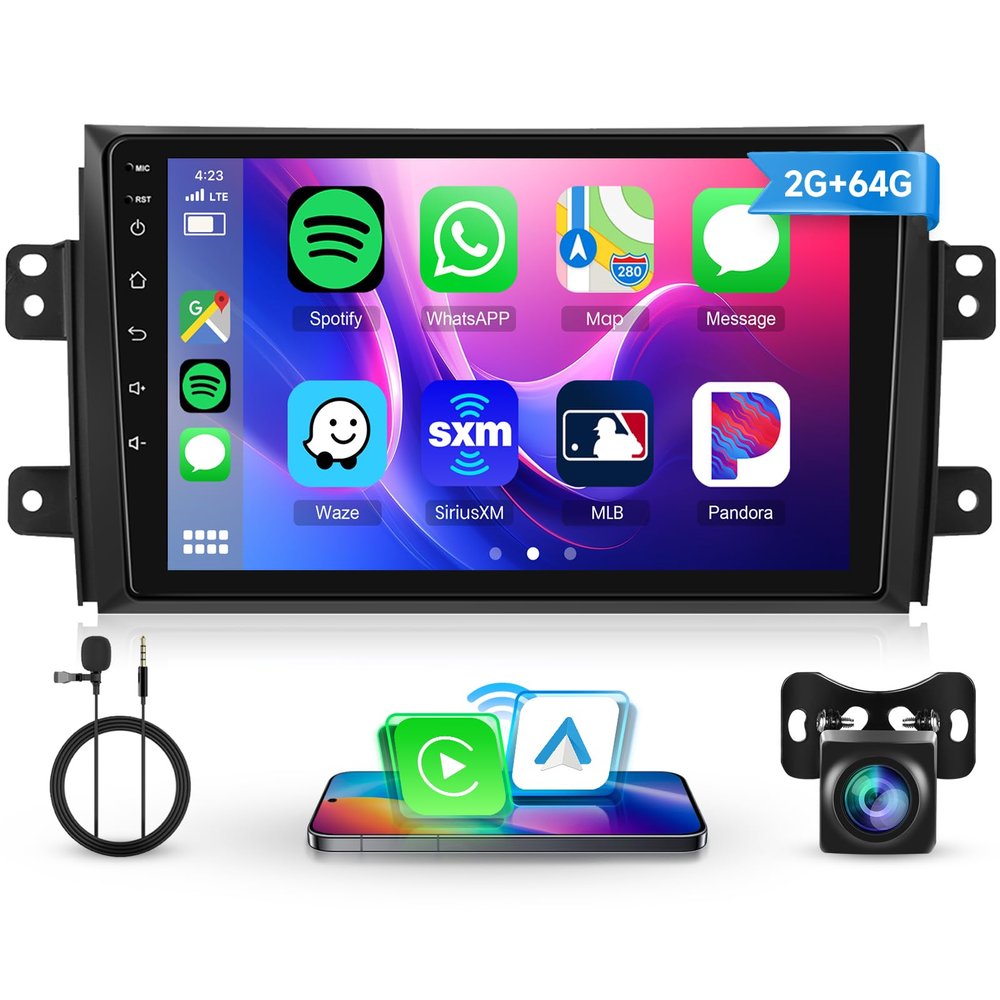 2+64G Android Stereo for Suzuki SX4 2006-2013 Support Wireless Carplay&Android Auto with 9 inch Touchscreen GPS Navigation Bluetooth USB WiFi FM/RDS Radio Receiver Backup Camera