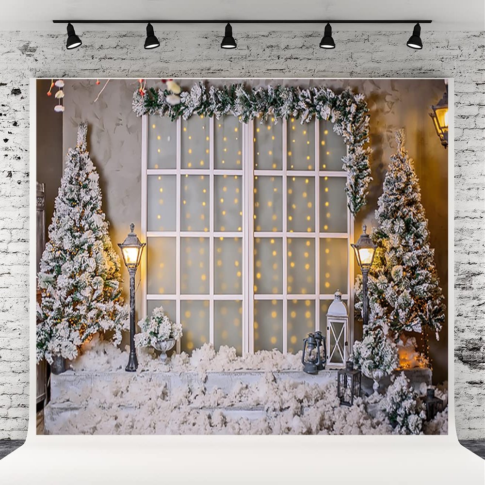 10x10ft Christmas Window Photography Backdrop Snow Christmas Tree Street Lamp Background Family Festival Decorations Photo Studio Props Xmas Holiday Photography Backdrops