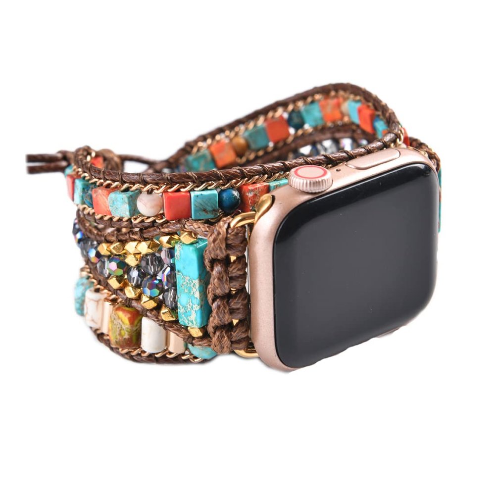 YGLINE Handmade Beaded Boho Watch Bracelet Band Compatible with Apple Watch 38mm-45mm-Crystal Watch Strap for All Series for Women (42-45mm)