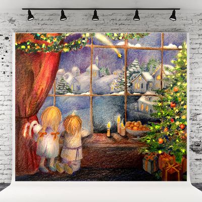 10X6.5ft Crayon Christmas Painting Baby Background Color Painting Background Red Christmas Window Fairyland Snow Scene Christmas Tree Photography
