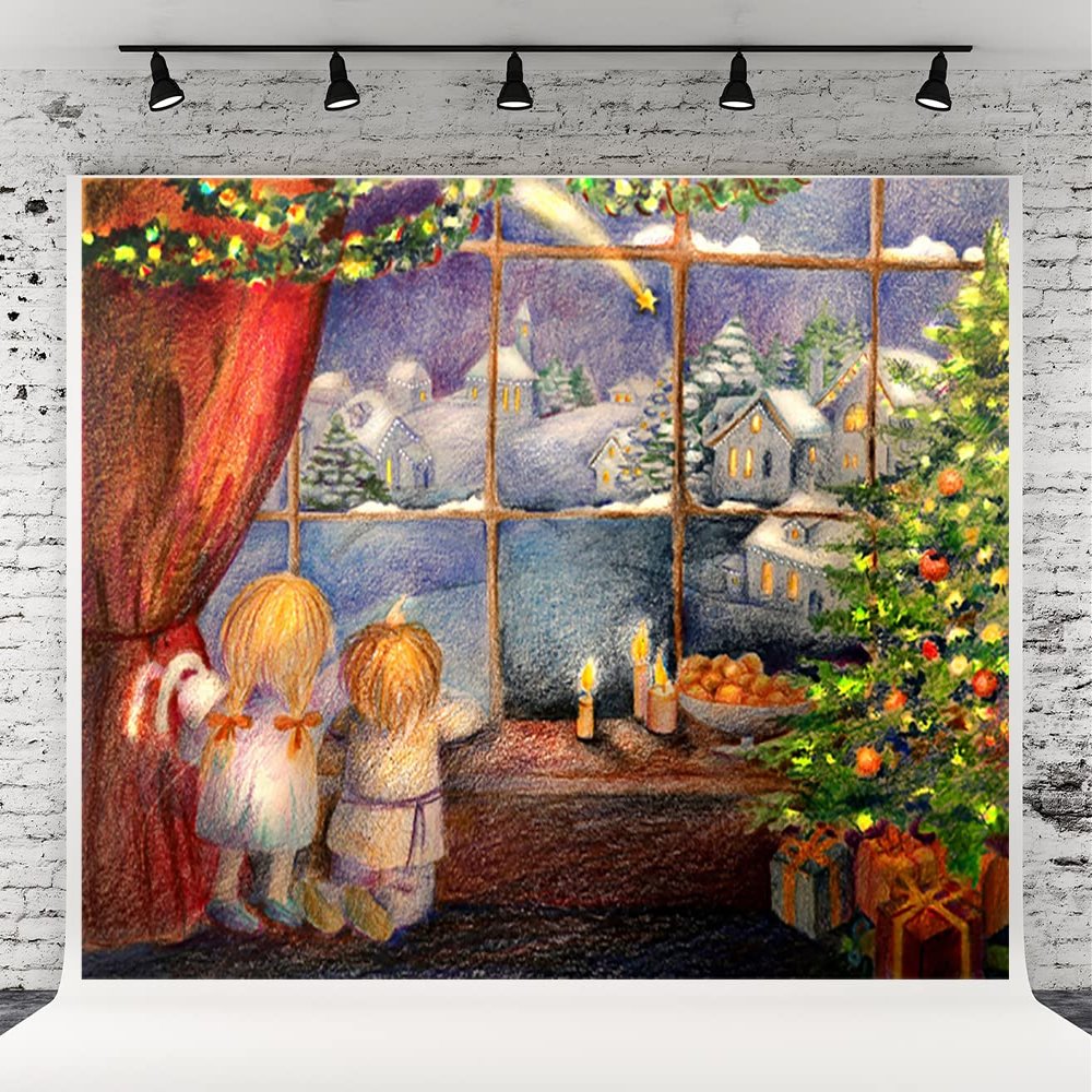 10X6.5ft Crayon Christmas Painting Baby Background Color Painting Background Red Christmas Window Fairyland Snow Scene Christmas Tree Photography