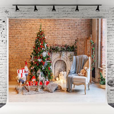 10x10ft Christmas Village Retro Red Brick Wall Background Red Ping an Fruit Christmas Tree Grey Sofa Christmas Backdrops New Year Party Banner Family Holiday Party Supplies