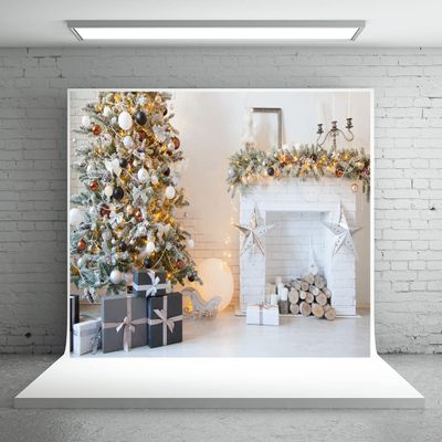 10x10ft White Brick Wall Christmas Fireplace Background Christmas Trees Xmas Gifts Backgrounds for Photography Family Party Photo Background New Year Party Decoration Backdrops