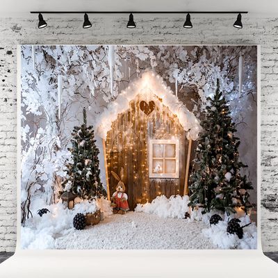 10x10ft Christmas Window Photography Backdrop Xmas Rustic Barn Vintage Wooden Background Outdoor Snow View Christmas Tree Christmas Photo Background