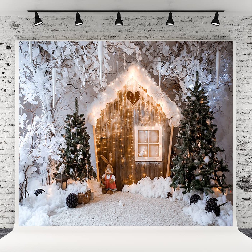 10x10ft Christmas Window Photography Backdrop Xmas Rustic Barn Vintage Wooden Background Outdoor Snow View Christmas Tree Christmas Photo Background