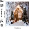 10x10ft Christmas Window Photography Backdrop Xmas Rustic Barn Vintage Wooden Background Outdoor Snow View Christmas Tree Christmas Photo Background view 3