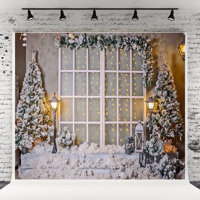 10X6.5ft Christmas Window Photography Backdrop Snow Christmas Tree Street Lamp Background Family Festival Decorations Photo Studio Props Xmas Holiday Photography Backdrops