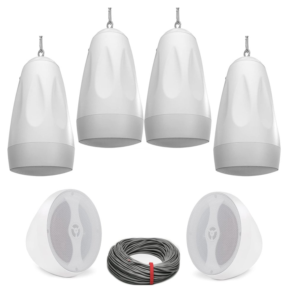 Pure Resonance Audio PD6W 6.5" Weather-Resistant Pendant Speakers with Installation Wire - (6 Speakers, White)