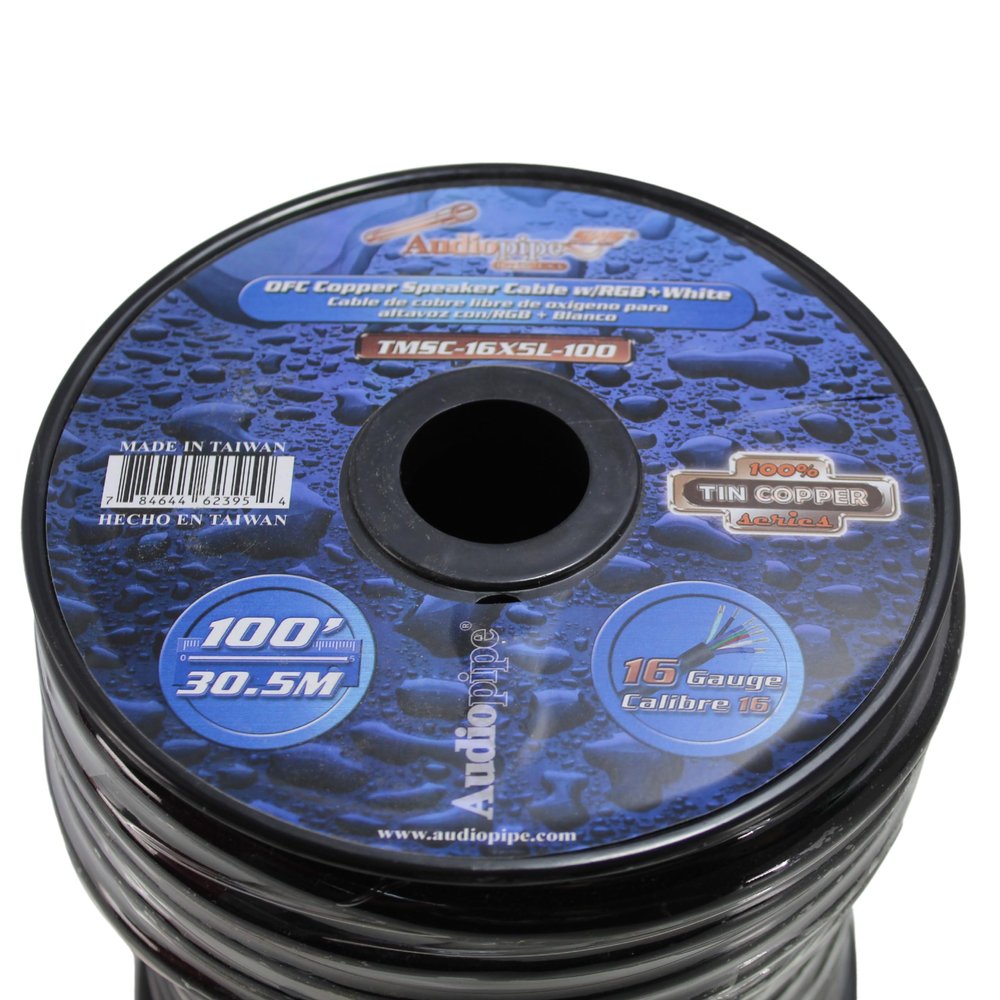 Audiopipe Marine 16 Gauge Speaker Cable with RGB + White LED Cable (100 Feet)