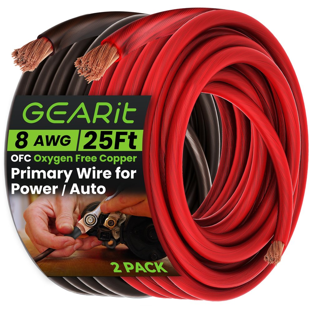 GEARit 8 Gauge Wire Oxygen Free Copper OFC (25ft Each- Black/Red Translucent) 8 AWG - Primary Automotive Wire Power/Ground, Battery Cable, Car Audio Speaker, RV Trailer, Amp, Electrical 8ga - 25 Feet
