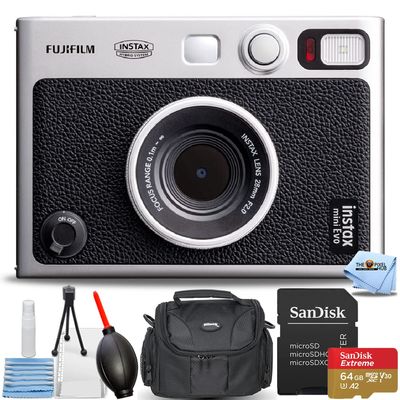 Ultimaxx Bundle with FUJIFILM INSTAX Mini EVO Hybrid Instant Camera 16745183, Sandisk Extreme Pro 64GB SD, Card Reader, Gadget Bag, Blower. Microfiber Cloth and Cleaning Kit