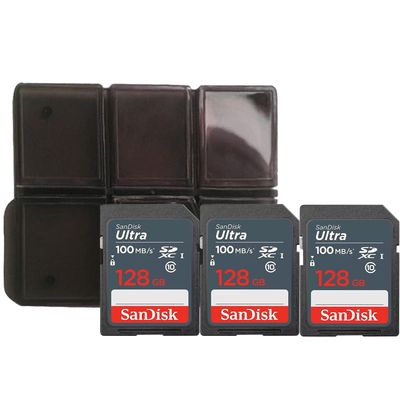 3X Ultra 128 GB SDXC UHS I Memory Card 100 MBs + Memory Card Holder