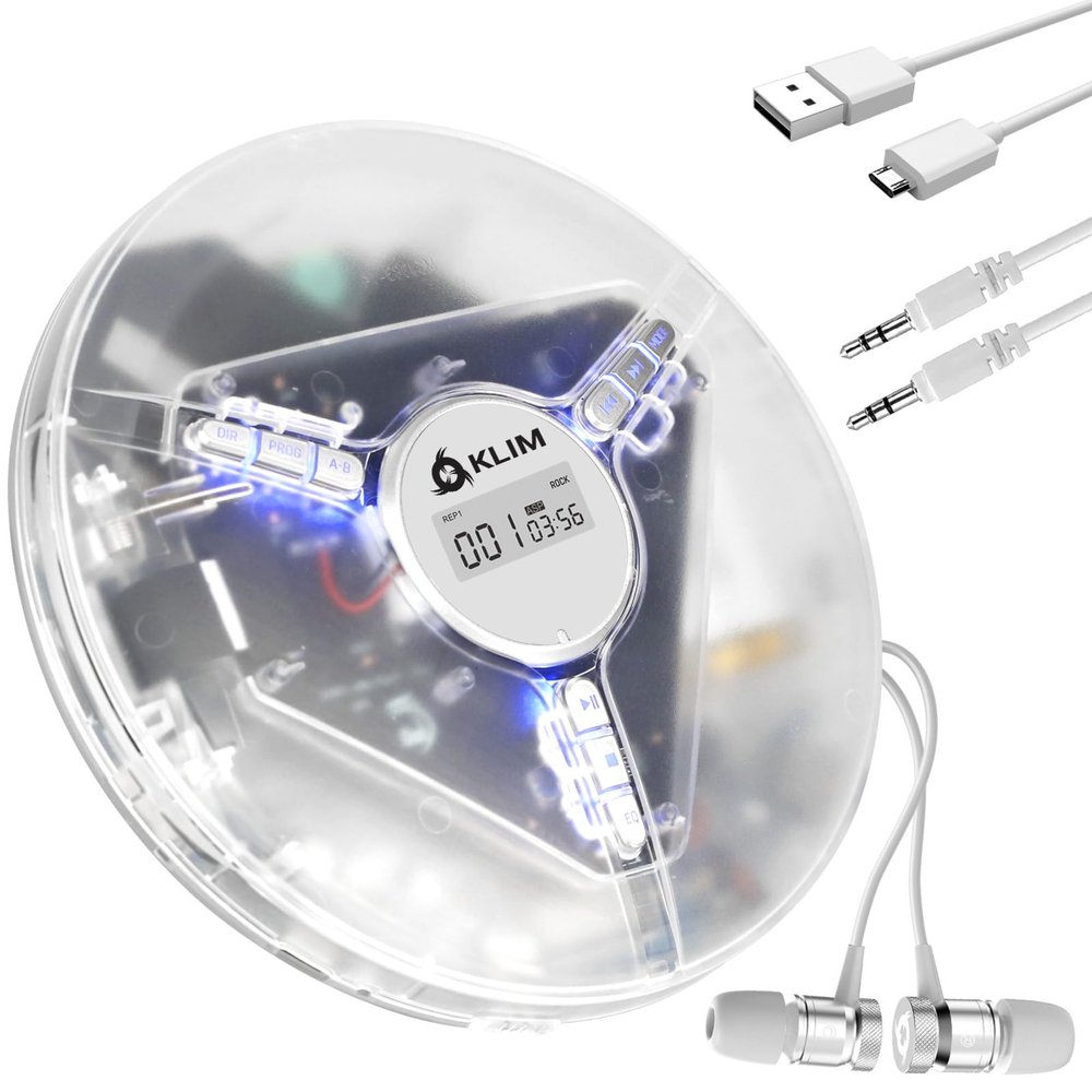 KLIM Discman Portable Player with Headphones, Built-in Battery - New - Compact CD Player for Home and Car - Compatible with SD Card, CD-R, CD-RW, MP3, WMA - 5 EQ Effects -Clear White