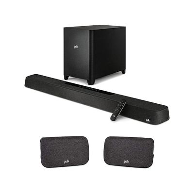 Polk MagniFi Max AX 5.1.2 Channel Sound Bar With 10" Wireless Subwoofer (2022 Model) + SR2 Wireless Surround Sound Speakers for Select React and MagniFi Sound Bars