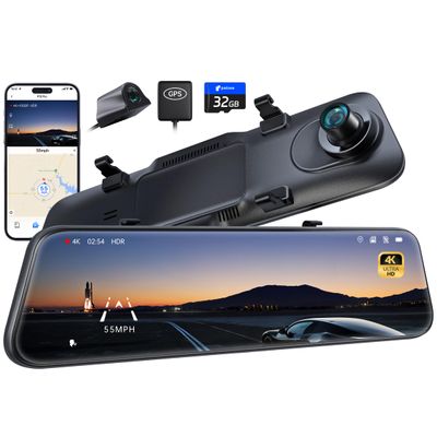 Pelsee P12 Pro 4K Mirror Dash Cam w/ADAS and BSD, 5.8GHz WiFi 20MB/s Download, Rear View Mirror Camera 4K Front and 1080P Rear, Voice Control, GPS, Color Night Vision, 12" Touch Screen,32G Memory Card