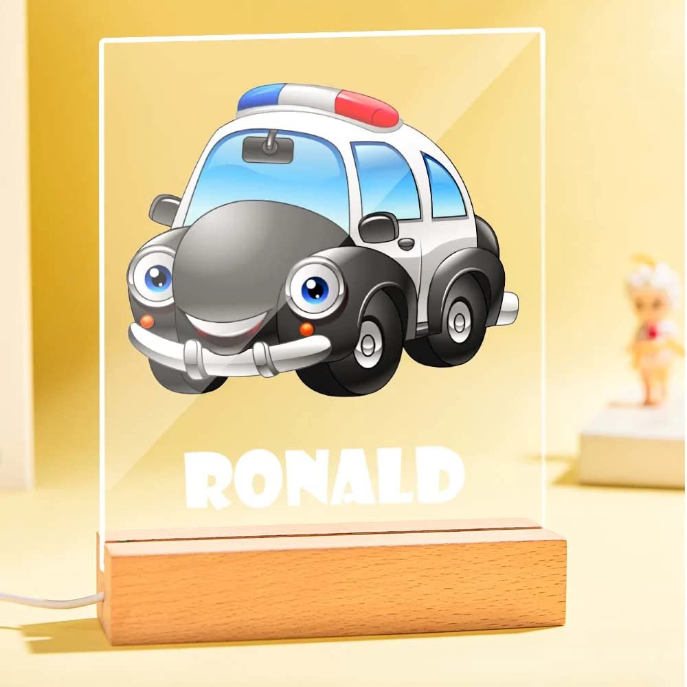 VEELU LED Baby Night Light Personalized with Name Police Car Christening Gift for Boy and Girl Boy Birth Gift