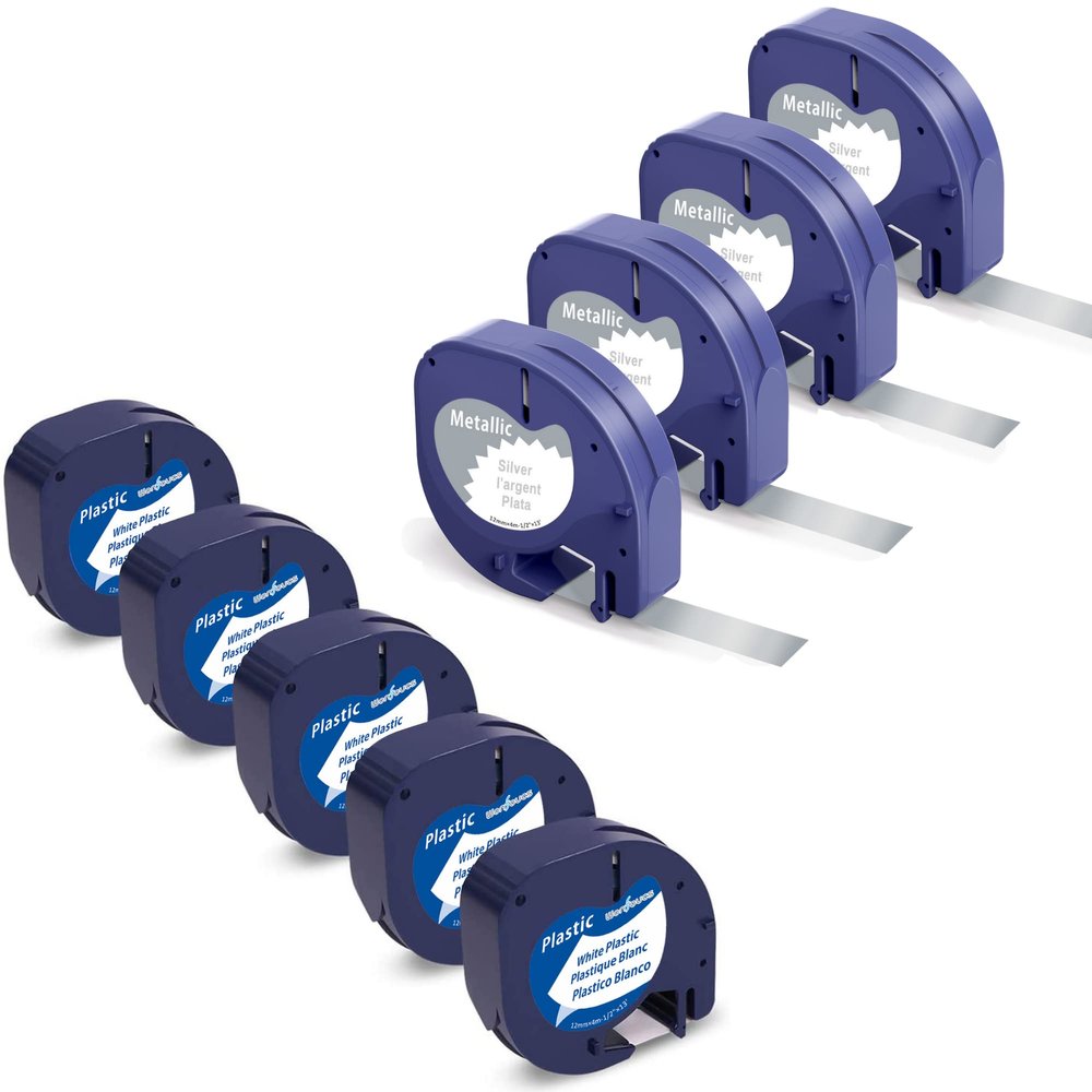 5 White Plasitc + 4 Metallic Silver Compatible with Dymo Letratag Refills 12mm x 4m 1/2" x 13' Label Tape