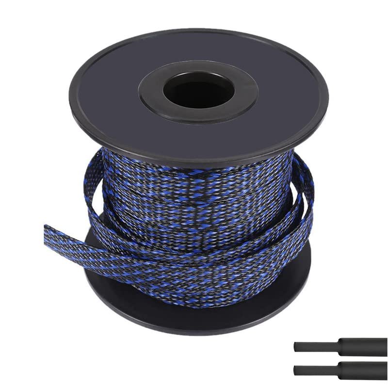 100ft-1/4inch PET Expandable Braided Sleeving Wire Loom Cable Sleeves Automotive Wire Sleeve Cable Management Wrap Wire Protector Tubing Desk Wire Organizer for Home,Office,Audio HDMI Cable,Black&Blue