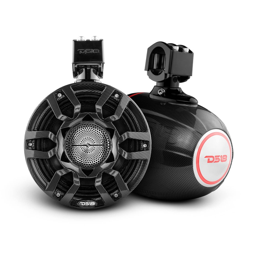 DS18 Hydro CF-X8PRO 8" Compact Wakeboard Tower Speakers with Hybrid Mid-Range & Compression Driver Loudspeaker, Integrated RGB LED Lights, 500 Watts, Carbon Fiber Color, Speaker Cover Included
