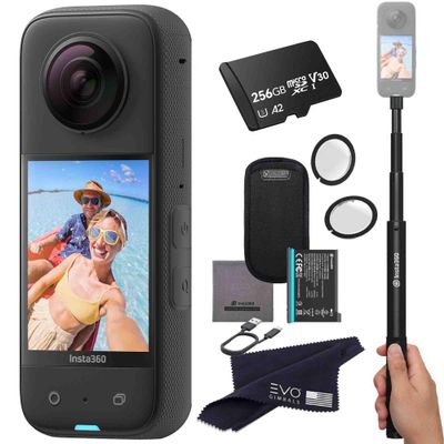 Insta360 X3 - Waterproof 360 Action Camera with 1/2" 48MP Sensors, 5.7K 360 HDR Video, 72MP 360 Photo, 4K Single-Lens, 2.29" Touchscreen, AI Editing |Bundle Includes Selfie Stick,Lens Guard&256GB