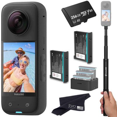 Insta360 X3 Battery Bundle- Waterproof 360 Action Camera Bundle Includes Extra 2 Batteries, Charger, Invisible Selfie Stick & 256GB Memory Card