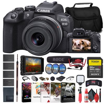Canon EOS R10 Mirrorless Camera with 18-45mm Lens (5331C009) + 4K Monitor + Rode VideoMic + Sony 64GB Tough SD Card + Filter Kit + Bag + 3 x LPE17 Battery + Card Reader + LED Light + More (Renewed)
