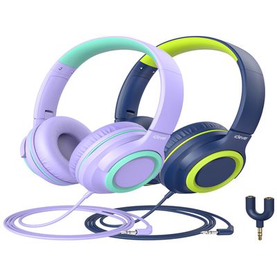 iClever 2Pack Kids Headphones with Sharing Splitter - 85dBA Safe Volume Limited - HS22 Wired Headphones for Kids Teens, Tangle-Free 3.5mm Jack Foldable Stereo Headphone for School/Tablet/Travel