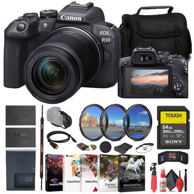 Canon EOS R10 Mirrorless Camera with 18-150mm Lens (5331C016) + Sony 64GB Tough SD Card + Filter Kit + Wide Angle Lens + Telephoto Lens + Color Filter Kit + Lens Hood + Bag + Charger + More