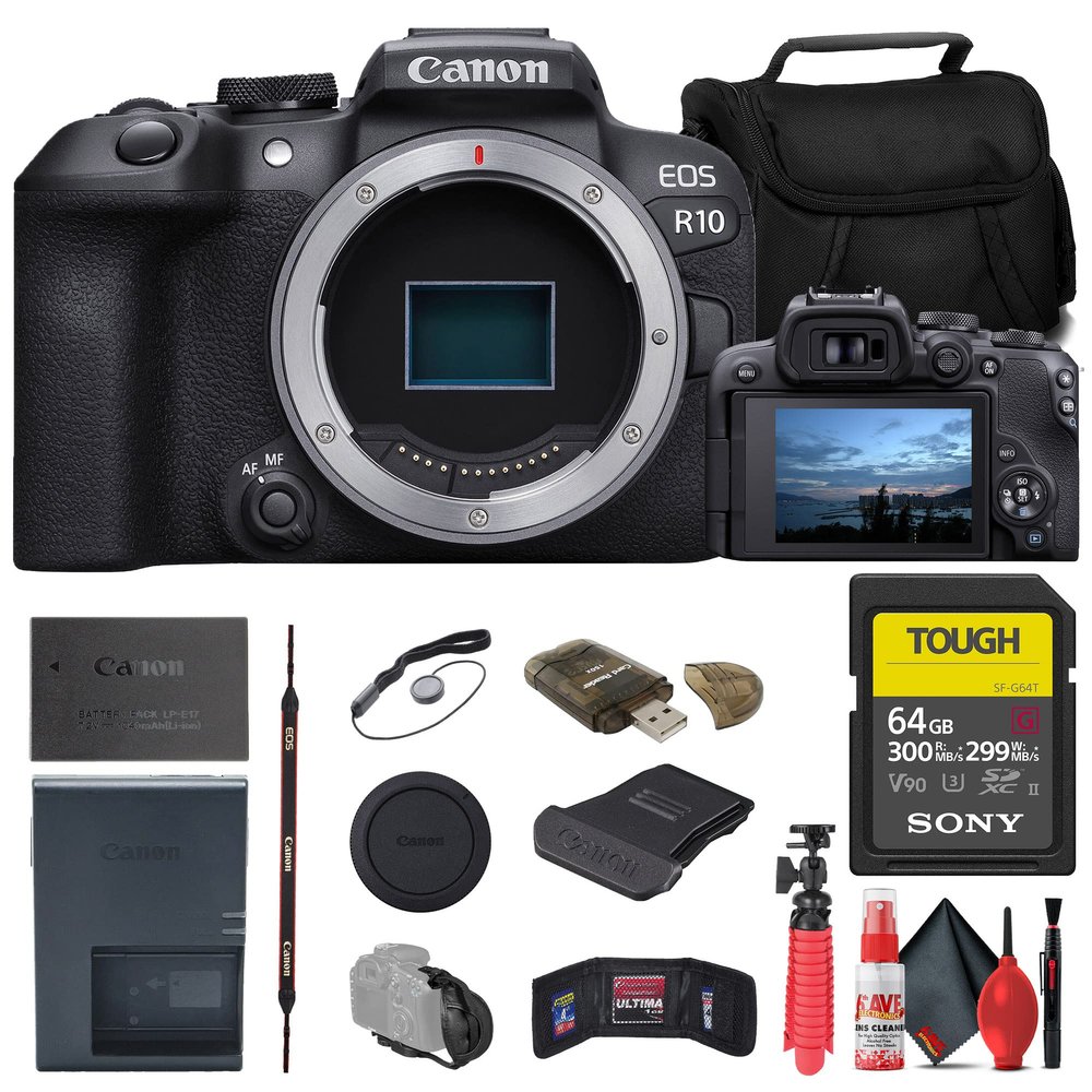 Canon EOS R10 Mirrorless Camera (5331C002) + Sony 64GB Tough SD Card + Bag + Card Reader + Flex Tripod + Hand Strap + Memory Wallet + Cap Keeper + Cleaning Kit (Renewed)