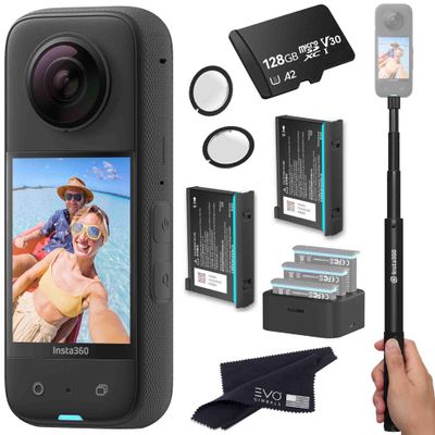 insta360 X3 - Waterproof 360 Action Camera Bundle Includes Extra 2 Batteries, Charger, Invisible Selfie Stick, Lens Guard & 128GB Memory Card Black