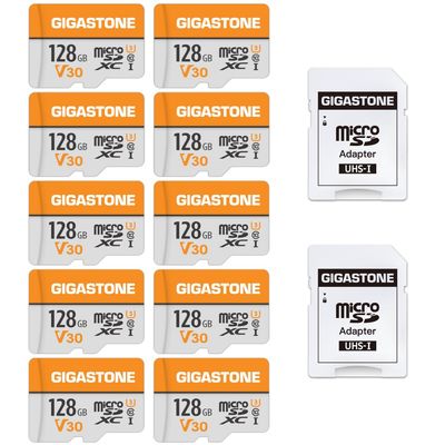 GIGASTONE 128GB Micro SD Card 10-Pack, A1 V30 4K Video Recording, Surveillance, Security Camera, Dash Cam, Drone, 95MB/s MicroSDXC Memory Card UHS-I Class 10, with 2 Adapters