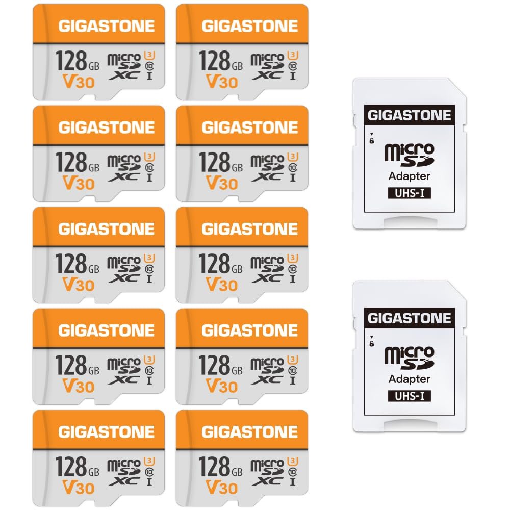 GIGASTONE 128GB Micro SD Card 10-Pack, A1 V30 4K Video Recording, Surveillance, Security Camera, Dash Cam, Drone, 95MB/s MicroSDXC Memory Card UHS-I Class 10, with 2 Adapters