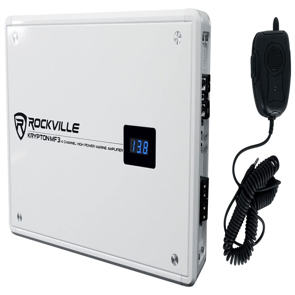 Rockville Krypton MF3 1600w Peak 4 Channel Marine Amplifier, White, PA Microphone, Rustproof, Adjustable Crossover, for Boats