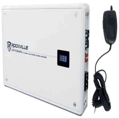 Rockville Krypton MF4 White 2400w Peak/600w RMS 4 Channel Marine Amplifier, Waterproof Design, Adjustable Crossover, PA Microphone for Boats and Marine Audio