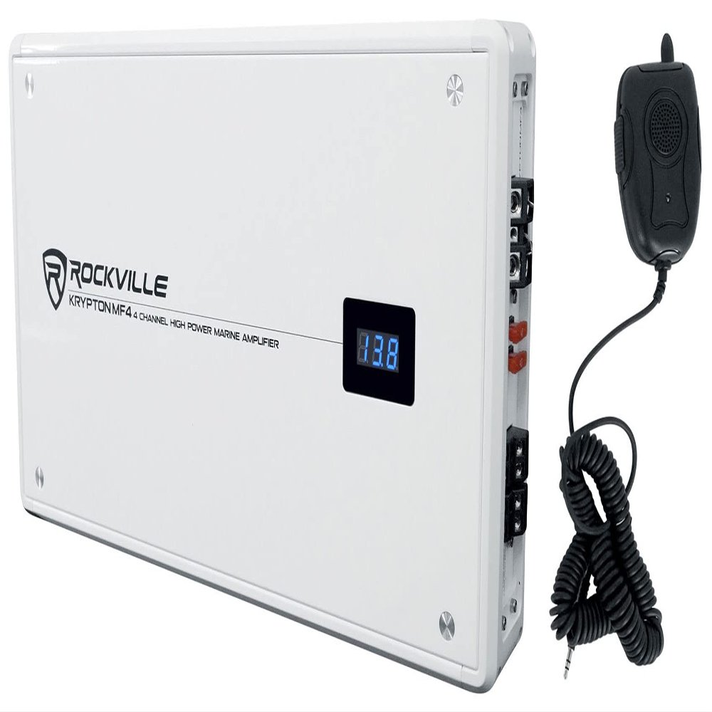 Rockville Krypton MF4 White 2400w Peak/600w RMS 4 Channel Marine Amplifier, Waterproof Design, Adjustable Crossover, PA Microphone for Boats and Marine Audio
