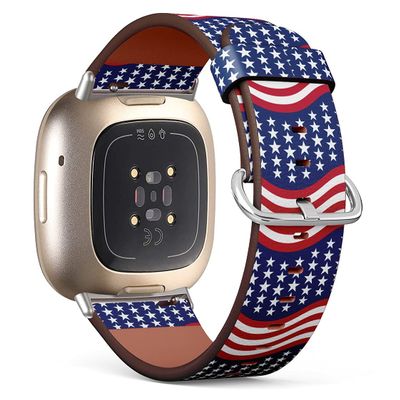 Compatible with Fitbit Versa 4 / Versa 3 / Sense/Sense 2 Leather Bands Replacement Strap/Patriotic stars and stripes in traditional american colors-1