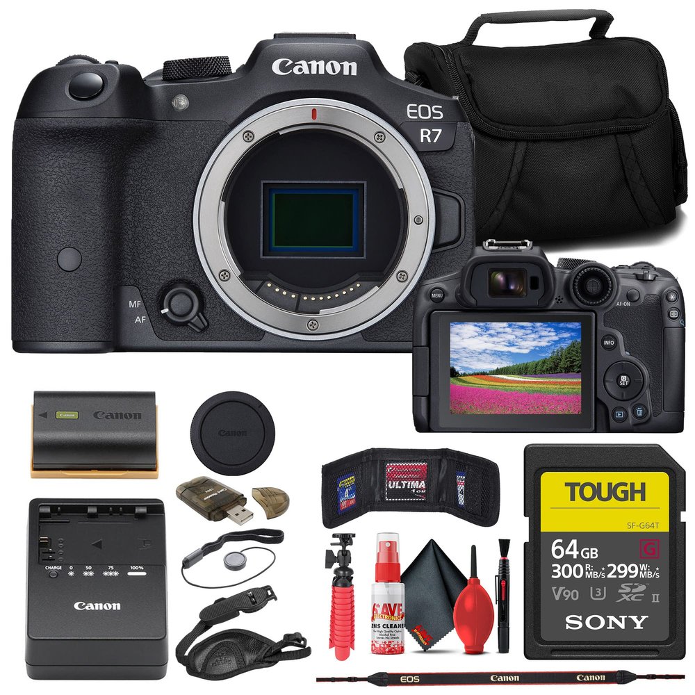 Canon EOS R7 Mirrorless Camera (5137C002) + Sony 64GB SD Card + Bag + Card Reader + Flex Tripod + Hand Strap + Memory Wallet + Cap Keeper + Cleaning Kit (Renewed)