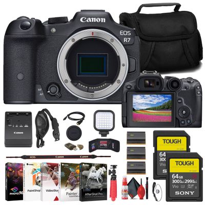 Canon EOS R7 Mirrorless Camera (5137C002) + 2 x Sony 64GB Tough SD Card + Bag + Charger + 2 x LPE6 Battery + Card Reader + LED Light + Corel Photo Software + HDMI Cable + Flex Tripod + More