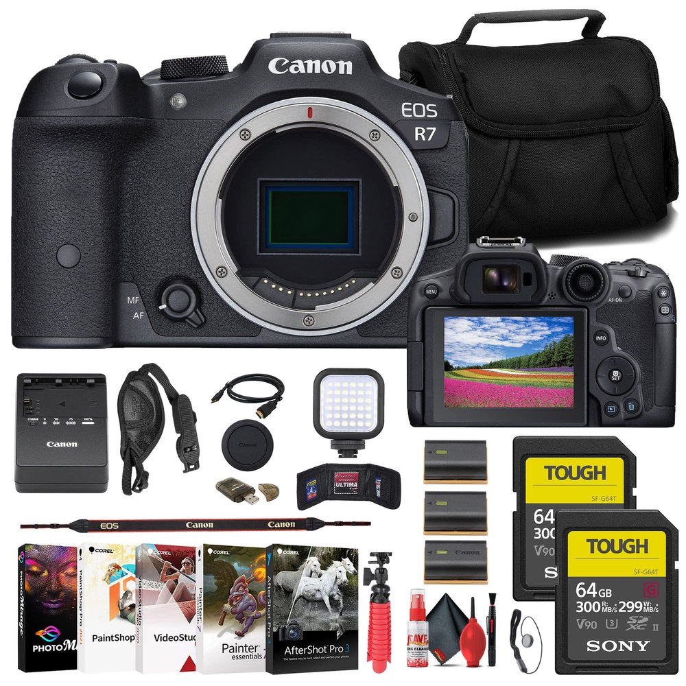 Canon EOS R7 Mirrorless Camera (5137C002) + 2 x Sony 64GB Tough SD Card + Bag + Charger + 2 x LPE6 Battery + Card Reader + LED Light + Corel Photo Software + HDMI Cable + Flex Tripod + More