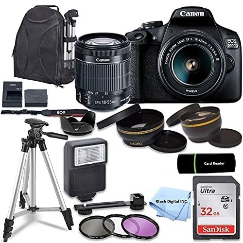 Canon Intl. Canon EOS 2000D / Rebel T7 DSLR Camera with EF-S 18-55mm Zoom Lens + SanDisk 32GB Memory Card + Tripod + Case + Wideangle Lenses + Rtech Digital Cloth (20pc Bundle), Black, (Renewed)