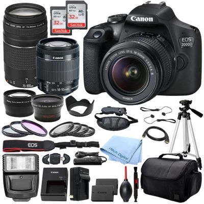 Black Canon EOS 2000D Rebel T7 DSLR Camera with EF S 18 55mm DC III and 75 300mm III Lenses canon2000D32gb canon2000D32gb (Renewed)