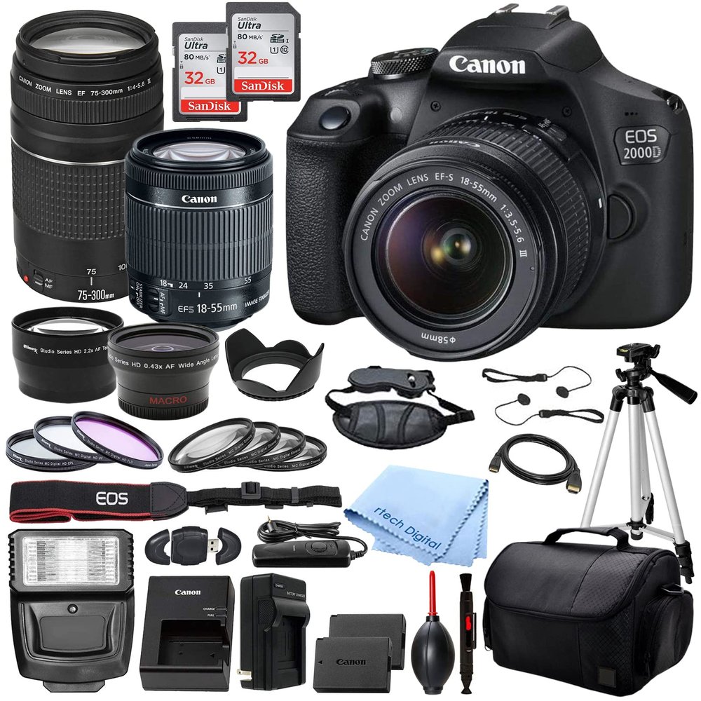 Black Canon EOS 2000D Rebel T7 DSLR Camera with EF S 18 55mm DC III and 75 300mm III Lenses canon2000D32gb canon2000D32gb (Renewed)