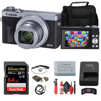 Canon PowerShot G7 X Mark III Digital Camera (Silver) (3638C001) + 64GB Memory Card + Card Reader + Case + Flex Tripod + Memory Wallet + Cap Keeper + Cleaning Kit (Renewed)