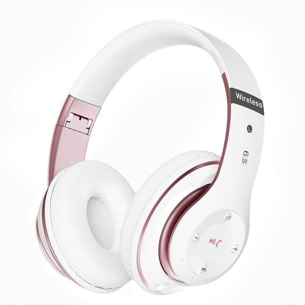 Falebare Bluetooth Headphones Over Ear, 6S Foldable Wireless Headphones with 6 EQ Modes, 40 Hours Playtime HiFi Stereo Headset with Mic, Soft Ear Pads, TF/FM for Cellphone/PC/Home (White & Rose Gold)
