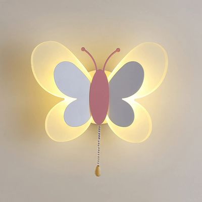 Children's Room LED Wall Light Cartoon Butterfly Wall Sconce Lamp with Pull Chain Switch, Fairy Kids Room Decor Lighting Fixture 14W Sconces for Boys Girls Bedroom