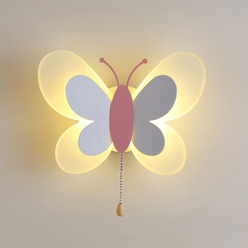 Children's Room LED Wall Light Cartoon Butterfly Wall Sconce Lamp with Pull Chain Switch, Fairy Kids Room Decor Lighting Fixture 14W Sconces for Boys Girls Bedroom