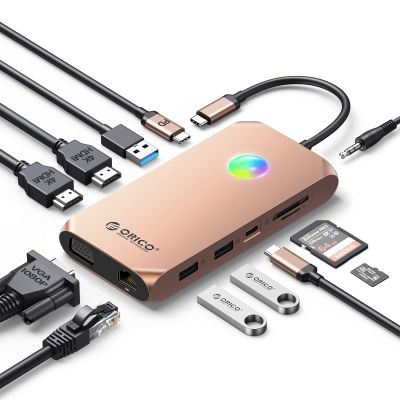 Docking Station USB C to Dual HDMI Adapter, ORICO 12 in 1 RGB USB C Hub with Dual HDMI, VGA, 100W PD, Ethernet, 4 USB Ports, SD/TF, Audio, 14 RGB Lighting Modes, Compatible for Windows/Mac OSGold