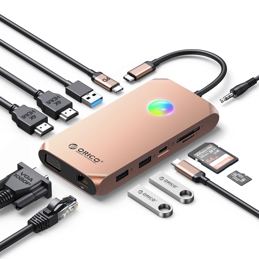 Docking Station USB C to Dual HDMI Adapter, ORICO 12 in 1 RGB USB C Hub with Dual HDMI, VGA, 100W PD, Ethernet, 4 USB Ports, SD/TF, Audio, 14 RGB Lighting Modes, Compatible for Windows/Mac OSGold